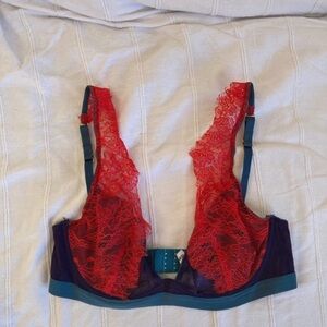 Red and Teal Lace Bra with Plunging Neckline